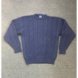 Vintage Allen Solly Cable Knit Wool Sweater Navy Blue Mens Large Crewneck 90's